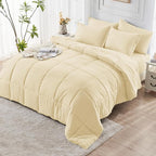 JOLLYVOGUE Queen Comforter Set, Ultra-Soft Bed in a Bag Queen Size 7 Pieces, Oeko-TEX Certified Bedding Set with Down Alternative Comforter, Sheets, Pillowcases & Shams, Light Yellow