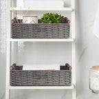 Round Paper Rope Storage Basket Wicker Baskets for Organizing with Handle Decorative Storage Bins for Countertop Toilet Paper Basket for Toilet Tank Top Small Baskets Set,Grey