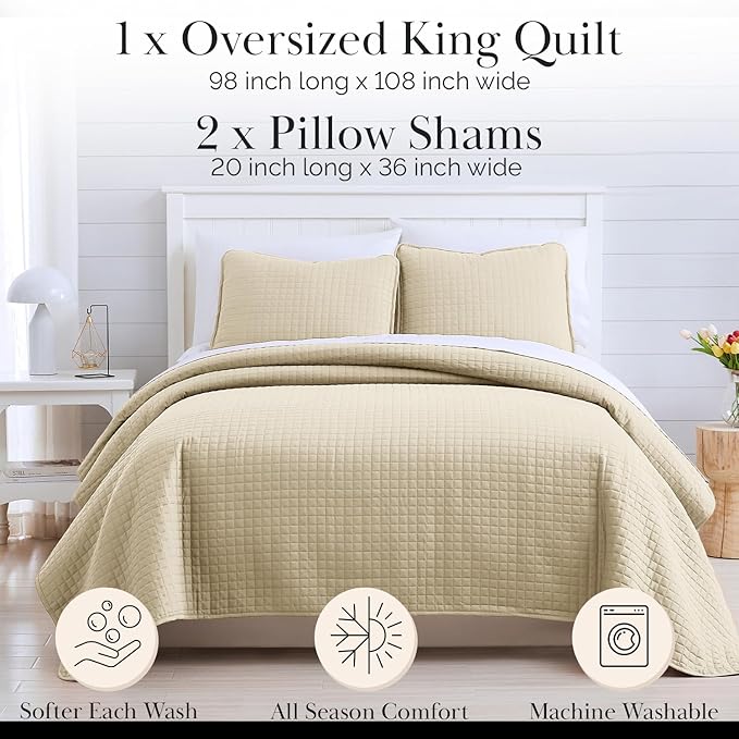 Southshore Fine Living, Inc. Oversized King Quilt Bedding Set, Soft Microfiber, Easy Care Pet Hair Resistant Bedding, California/King Size Quilt Coverlet, Beige Bedspread Set w/2 Shams, Soft Sand
