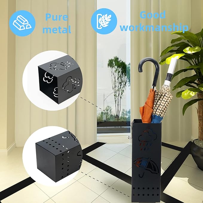 Umbrella Stand Rack for Entryway, Black Square Metal Umbrella Holder, Free Standing Umbrella Storage Organizer Bin with for Home Office Hotel Decor, 6 x 6 x 17 Inch, Hold 6 Umbrellas