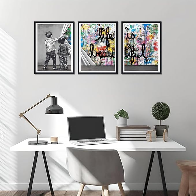 Novatique Banksy Canvas Wall Art for Living Room Colorful Graffiti Poster Canvas Print Behind the Curtain Framed Modern Home Office Decor,12" x 16" x 3Pcs