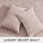 RECYCO Luxury Velvet Quilt Twin/Twin XL Size Bedding Set, Ultra Soft Velvet Comforter Set, Lightweight Quilted Channel Box Stitch Oversized Bedspread Coverlet for All Season, with 1 Sham, Rose Pink