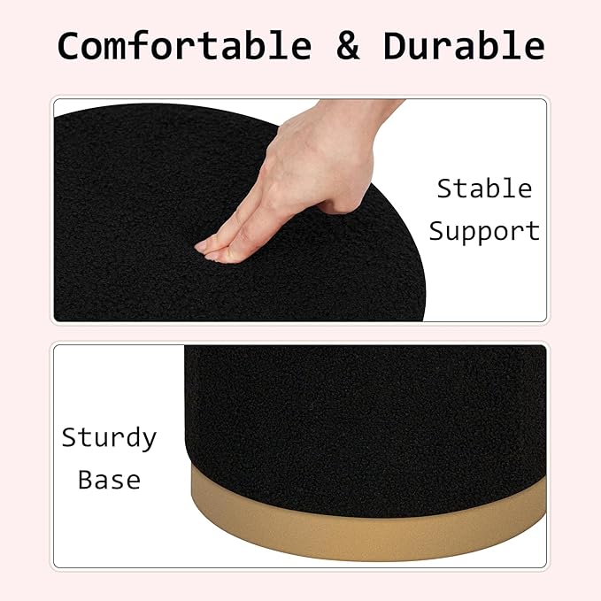 Round Storage Ottoman with Reversible Tray Top, 16.3" Boucle Ottoman Footrest Stool with Metal Base, Upholstered Vanity Stool with Storage for Living Room Bedroom, Black