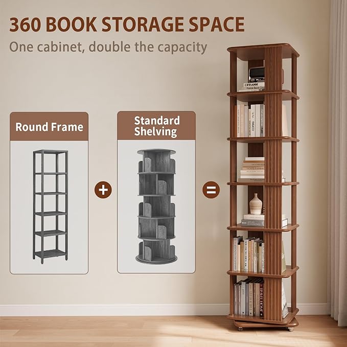Solid Wood Rotating Bookshelf, 6-Tier Rolling Book Shelf，360 Degree Revolving Bookcase，Spinning Bookshelf Tower for Small Spaces, Corner, Bedroom，Office，Living Room，Classroom （Walnut）
