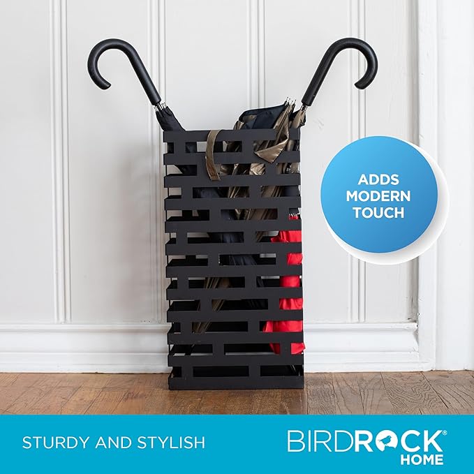 BIRDROCK HOME Decorative Umbrella Stand with Removable Water Tray - Large Freestanding Umbrella Rack and Cane Walking Stick Organizer - Metal Umbrella Holder for Entryway & Indoor Use - Black, Striped