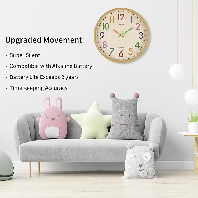 Foxtop 14 Inch Kids Wall Clock Silent Non-Ticking Battery Operated Colorful Childrens Wall Clock for Classroom Playroom Nursery Bedrooms Kids Room School