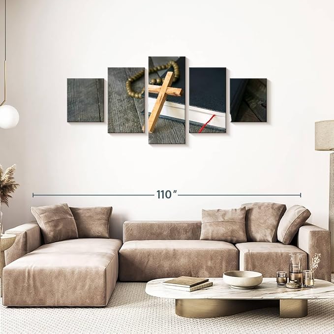 Elephant Stock Cross Canvas - 5 Panel Christian Pictures Decor - Canvas Print Wall Decor - Christian Cross Wall Art - 80" X 36"