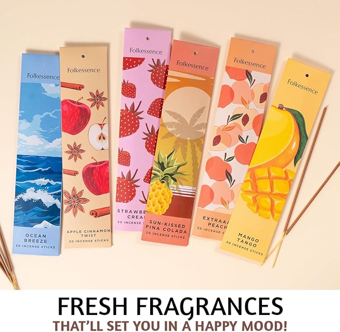 Folkulture Incense Sticks with Holder (120 Sticks) | Set of 6 Fruit Incense Sticks for Mood, Stress Relief | No Charcoal, Organic, Non Toxic, 45 Mins,Long Burning Mango, Pineapple, Insence-Sticks