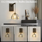 Crystal Brass Dome Wall Sconce - Luxury Antique Brushed Lighting Fixture with K9 Crystals Cloche - Dimmable Indoor Hanging Light - Modern Gold Sconces for Bathroom Bedroom Living Room Stair