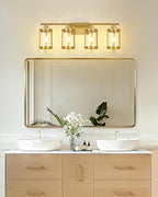4-Light Brushed Gold Bathroom Light Fixtures, 29 Inch Modern Bathroom Vanity Lighting Fixtures Over Mirror with Clear Glass and Metal Cage Wall Sconce Lights for Bath, E26, OS-3014BG-4W