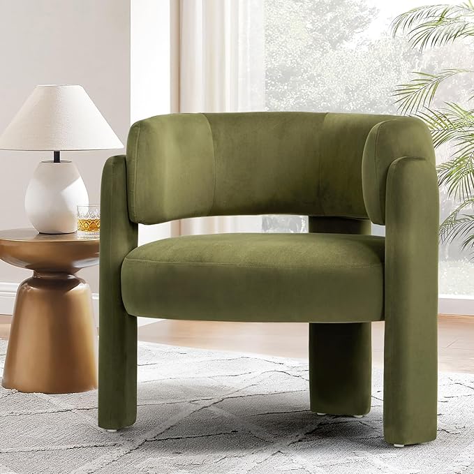 COLAMY Modern Accent Chair, Velvet Accent Chairs, Upholstered Barrel Chairs with Solid Wood Legs, Comfy Side Chair for Living Room, Bedroom, Reading, Cozy Reading Chair,Green