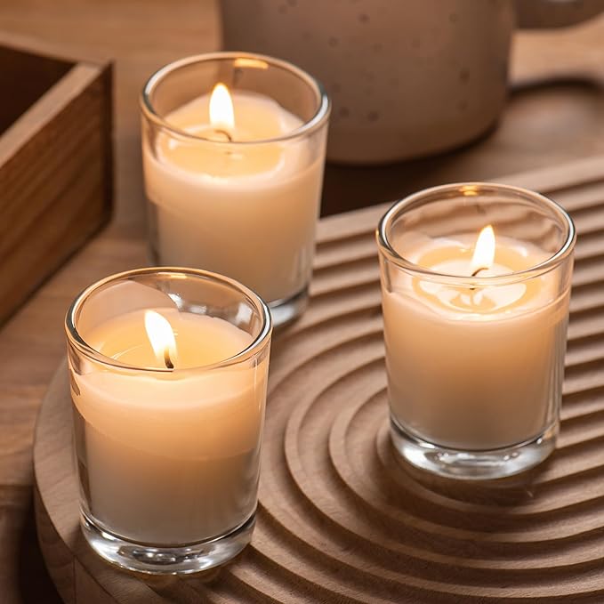 Housecret 60 Pack Warm White Unscented Clear Glass Filled Votive Candles. Hand Poured Wax Candle Ideal Gifts for Aromatherapy Spa Weddings Birthdays Holidays Party