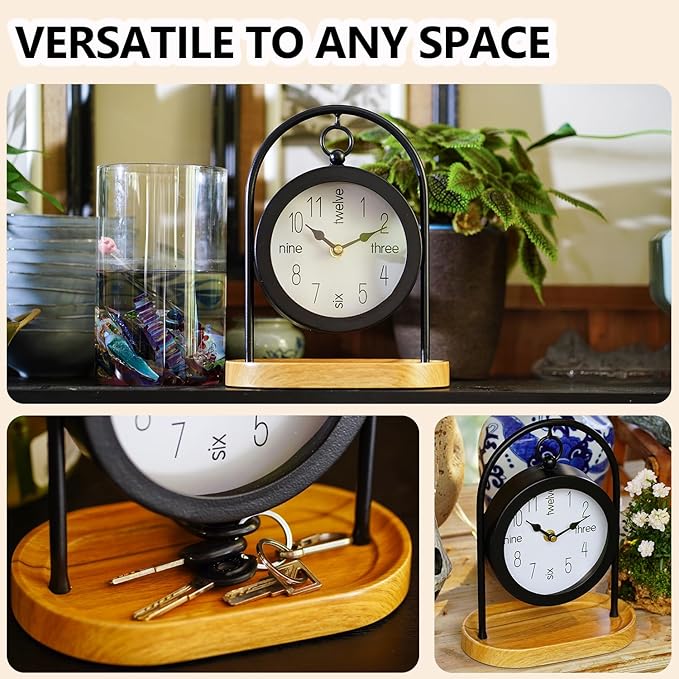Metal Black Farmhouse Desk Clock with Wooden Base, Decorative Table Clock for Living Room, Silent Mantel Clocks Shelf Decor Battery Operated, 10 x 8 x 4.5 Inches, Black