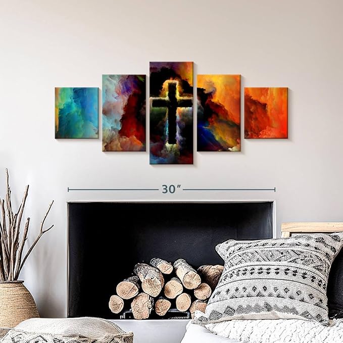 Elephant Stock Colorful Cross Wall Art Multi Piece Canvas - 5 Panel Christian Pictures Decor - Digital Design Canvas Print - Christian Wall Decor - 36" X 15"