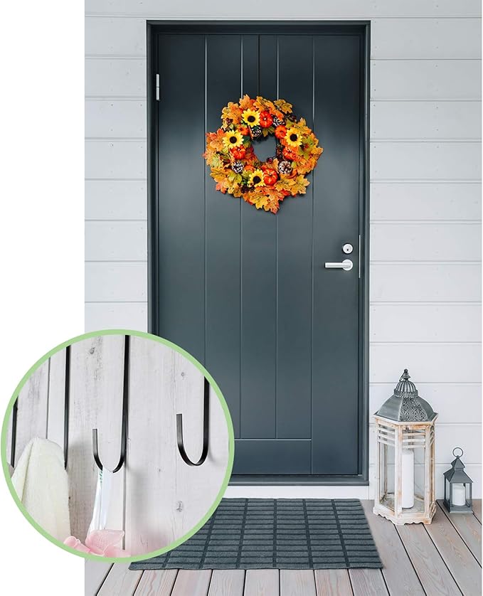 Hotop 15 Inch 6 Pcs Wreath Hangers for Front Door Over The Door Hanger Hooks Steel Wreath Doors Hangers Clothes Towel Hooks Holder for Christmas Halloween Front Decorations Welcome Sign(Black)