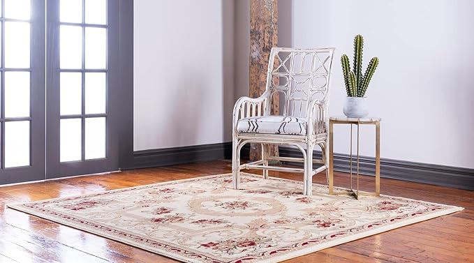 Rugs.com Chateau Collection Rug – 6 Ft Square Cream Medium Rug Perfect for Living Rooms, Kitchens, Entryways