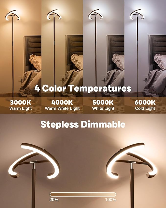Brown Floor Lamp, Modern Stepless Dimmable Standing Lamp with Remote Control, 22W 3000-6000K LED Rotatable Floor Light Uplighter Stand up Lamp Tall Lamp for Living Room Bedroom Office