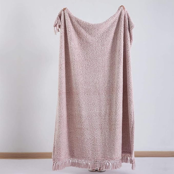 Ultra Soft Fleece Sherpa Blanket Queen Size,Lightweight Cozy Boho Bed Blanket with Decorative Tassel, Pattern Reversible, 2 Tones Ombre Dusty Pink, 90”x90”
