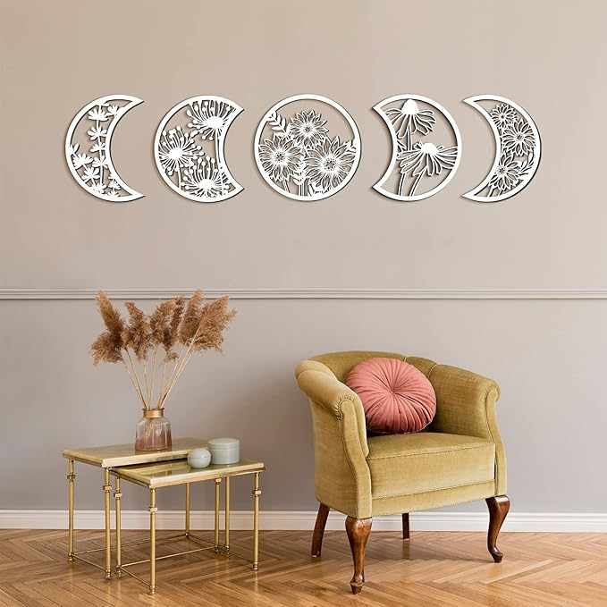 Jetec 5 Pcs Moon Phase Wall Art Decor Wall Pediments Hanging Wooden Phase Spiritual Bedroom Nordic Boho Lunar Aesthetic Art for Living Room Dorm Apartment Ornament(White,10.6 Inch,Flower)