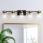 LOUSACE 5 Light Bathroom Vanity Light Black and Gold Bathroom Lighting Fixtures Over Mirror with Clear Glass, Brushed Gold Socket Wall Vanity Lighting Fixtures for Bedroom Living Room