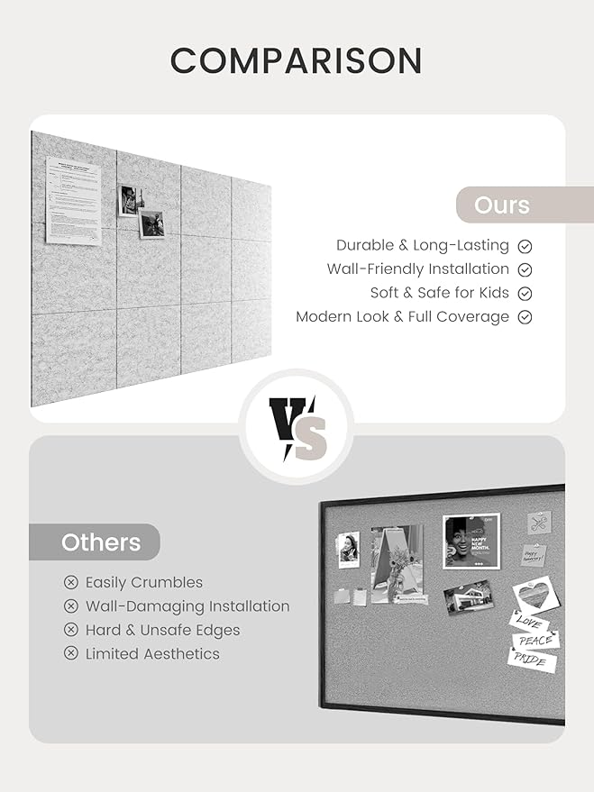Bumusty Large Cork Board 48" x 36" Alternative - 12 Pack Felt Wall Tiles with 70 Safe Removable Adhesive Tabs, 30 Pushpins, Cork Boards for Walls Pin Board Bulletin Board Office Decor (Marble Gray)