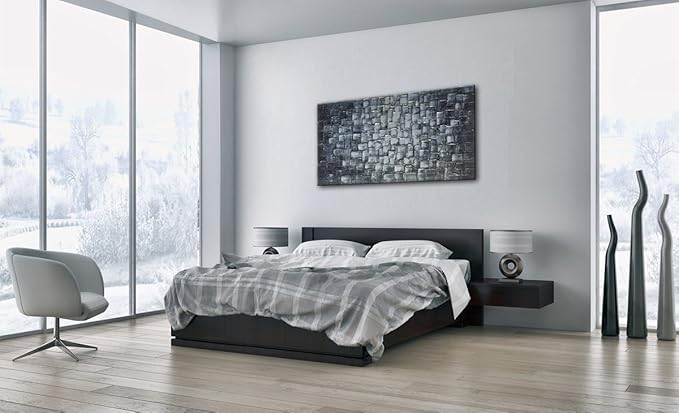 MyArton Textured Abstract Squares Canvas Wall Art Hand Painted Modern Silver Oil Painting Picture for Home Decoration Ready to Hang 40x20inch
