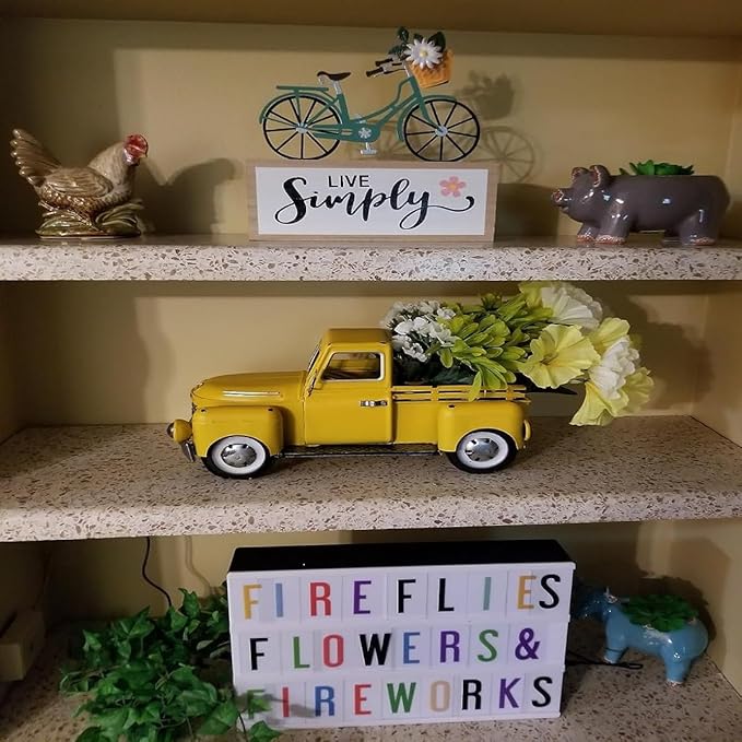 Farmhouse Yellow Truck Metal Decor,Vintage Outdoor Iron Truck Decor, Rustic Pick-up Planter,Antique Car Decoration,Desktop Wine Rack Stand,Decorative Tabletop Storage