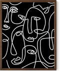 Abstract Face Pattern Wall Art Black Background White Continuous Line Drawing 8x10 Inch Oak Wood Walnut Framed Modern Diverse Portrait for Living Room Decor