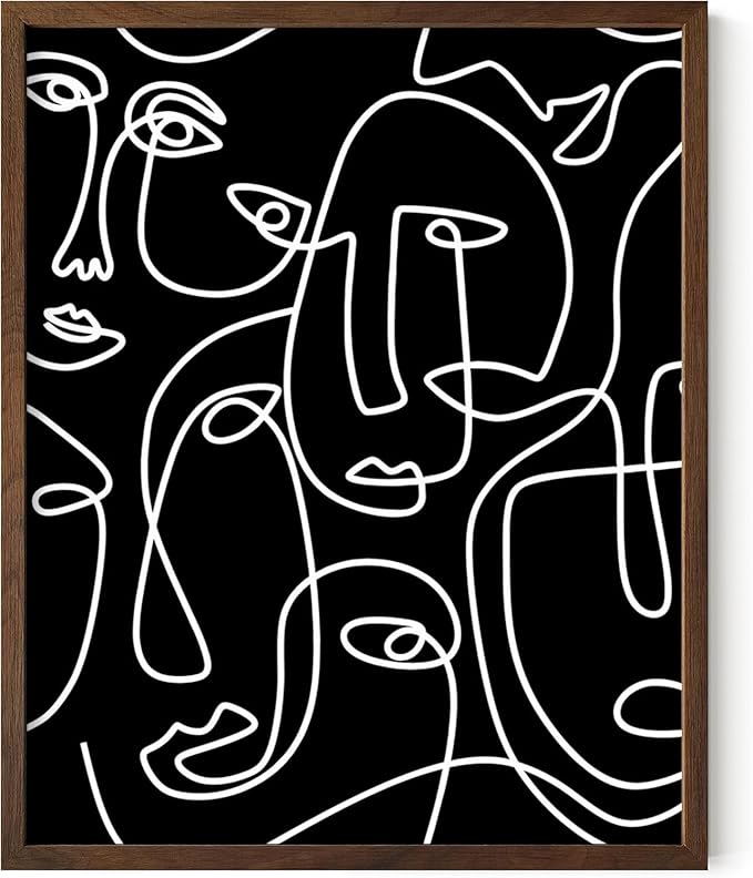 Abstract Face Pattern Wall Art Black Background White Continuous Line Drawing 8x10 Inch Oak Wood Walnut Framed Modern Diverse Portrait for Living Room Decor
