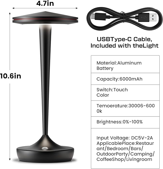 Cordless Lamp Rechargeable LED Table Light,48Hrs Battery Operated Table Lamp,Potable Lamp with Stepless Dimming and Waterproof Lamp for Kitchen,Dining,Shower,Outdoor Patio,Camping (1PBlack)