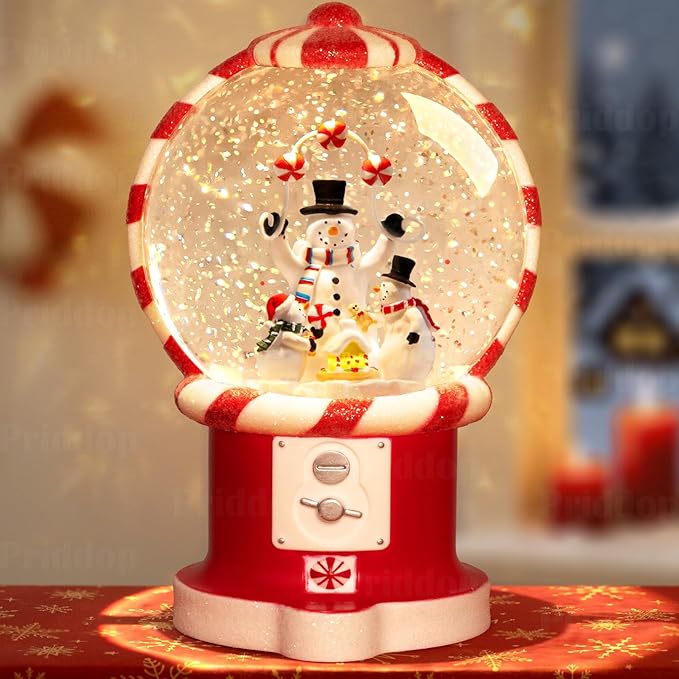 Snowman Snow Globe Christmas Classic Candy Vending Machine Shape Gifts USB/Battery Musical Glitter Snowfall USB/Battery Timer Christmas Decorations Indoor 7.8 inch