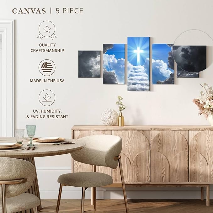 Elephant Stock Stairway To Jesus Christ Wall Art Multi Piece Canvas - 5 Panel Christian Pictures Decor - Digital Design Canvas Print - Christian Wall Decor - 74" X 34"
