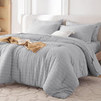 MUXHOMO 5 Pieces Twin Comforter Set, Seersucker Bed in a Bag Twin Size, All Season Luxury Bedding Set with Comforter, Flat Sheet, Fitted Sheet, Pillowcase & Sham, Light Grey
