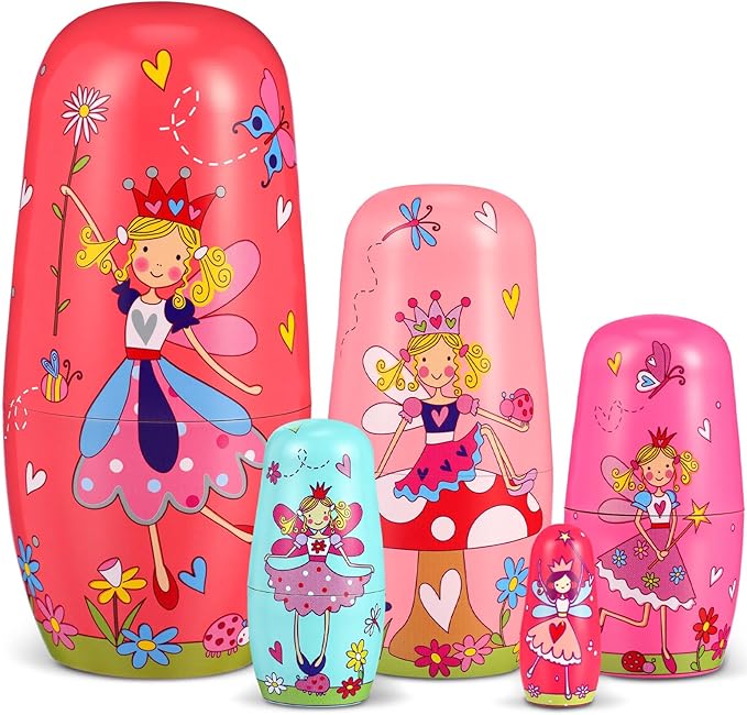 Gejoy Russian Nesting Dolls for Kids Handmade Matryoshka Wooden Stacking Toys Nesting Dolls Collectible Gifts for Winter Christmas Holiday Present Boys Girls Adults Home Decor(Flower Fairy)