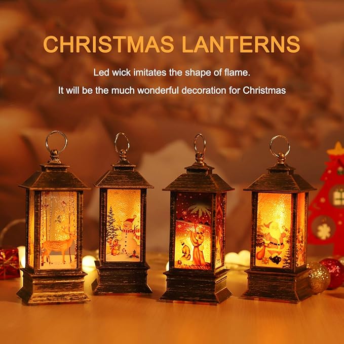 Christmas Lantern Decorations Christmas Lighting Decorations Christmas Tree Decoration Home Decor Small Candle Lanterns, Holiday Decoration Gifts for Family, Children, or Friends（4-Pack）