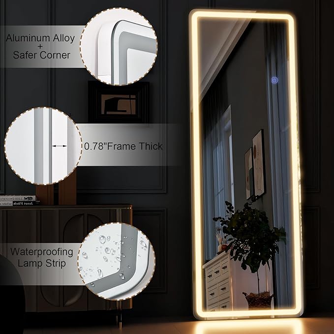 GLSLAND LED Full Length Mirror, 60"x16" Rectangle Floor Mirror with Stand, Wall Mounted Hanging Free Standing Full Body Mirror with Lights for Bedroom Living Room, White