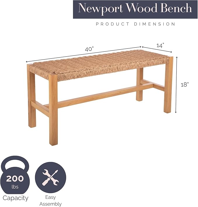 Alaterre Furniture Newport 40 Inch Solid Wood Entryway Bench - Modern Farmhouse Indoor Decorative Bench with Handcrafted Woven Rope Seat - Furniture for Entryway, Dining Room, or Kitchen (Natural)