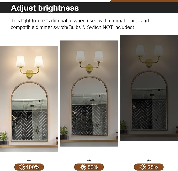Kvhilw Bathroom Vanity Light, Brushed Gold Bathroom Light Fixtures, 2-Light Lighting Fixtures Over Miror, Modern Wall Sconce with Flared White Fabric Shade, E26 Socket(ETL Listed)
