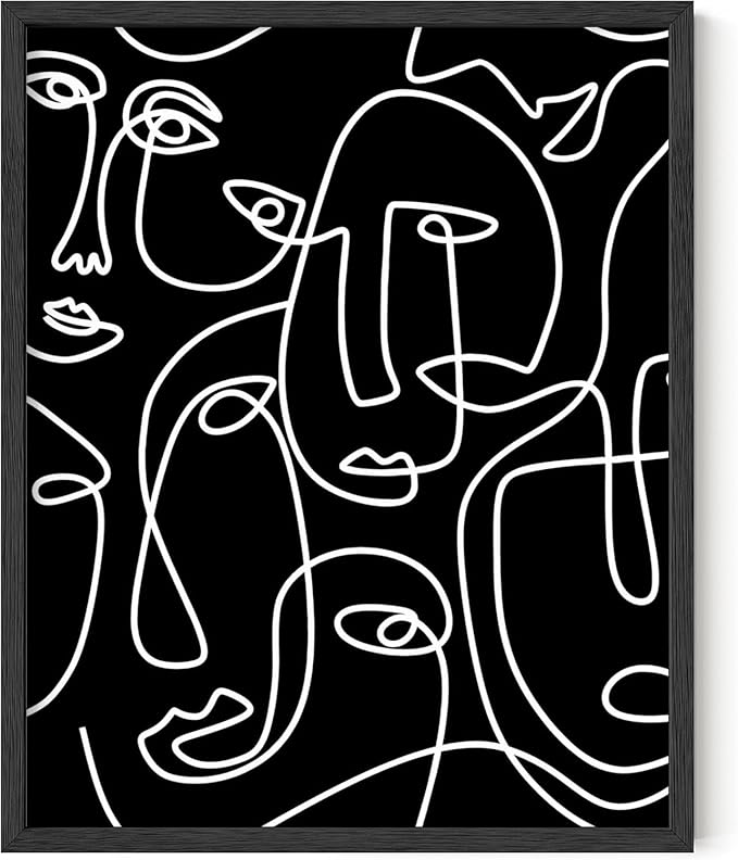 Y2K BOO Abstract Face Pattern UNFRAMED Wall Art Black Background White Continuous Line Drawing 8x10 Inch Heavyweight Paper Studio Home Decor Print