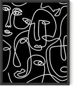 Abstract Face Pattern Wall Art Black Background White Continuous Line Drawing 8x10 Inch Oak Wood Black Framed Modern Diverse Portrait for Living Room Decor