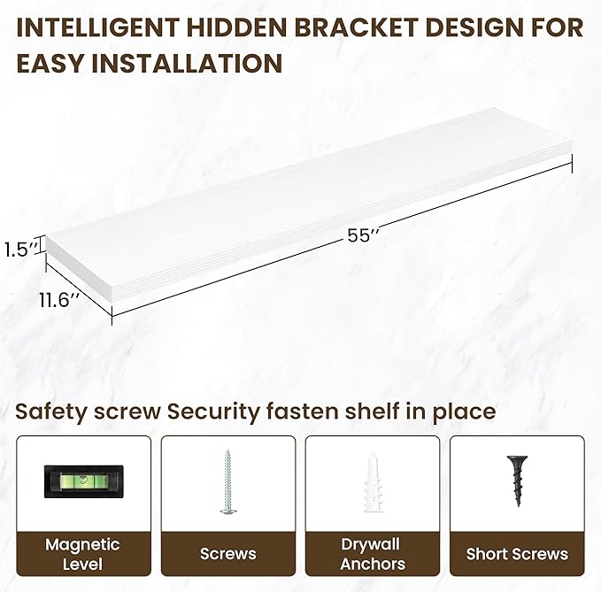 55 Inch Floating Shelves, 12 Inch Deep Floating Shelves for Wall, Floating Shelf with Invisible Brackets, 55 Inch Wide x 12 Inch Deep Wall Shelves for Bathroom, Bedroom, Living Room,1 Pack,White