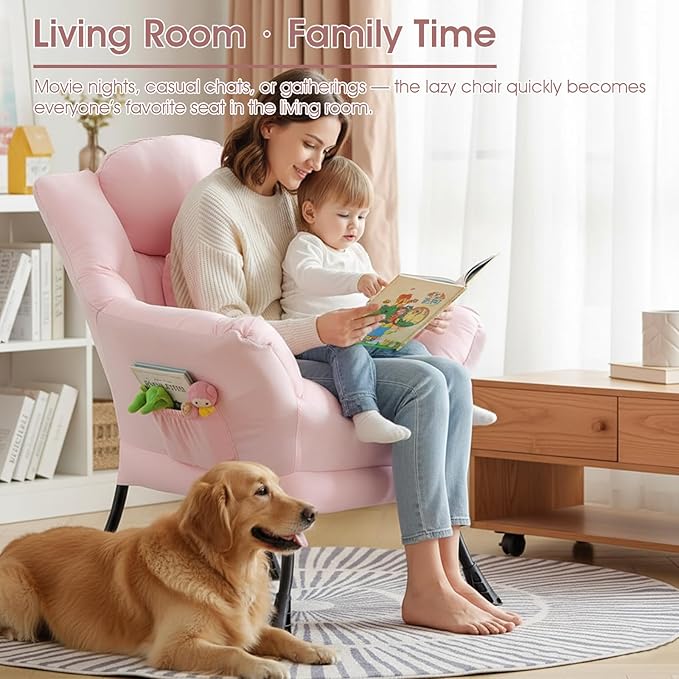 Lazy Chair for Living Room, Large Pink Lounge Accent Chair with a Throw Pillow, Leisure Sofa Chair Set, Comfy Reading Chair for Bedroom, Dorm Room, Office