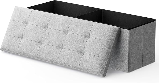 MoNiBloom 43 Inch Folding Storage Ottoman Bench, Linen Fabric Ottoman Footrest, Storage Chest, Padded Seat, End of Bed Bench for Living Room, Bedroom, Entryway, Light Gray