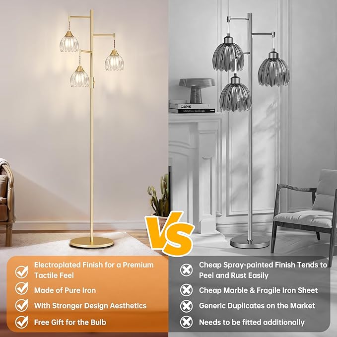 Dimmable Floor Lamp for Living Room, Bedroom, Gold Standing Lamp with 3pcs 6W Bulbs, Vintage Brass Floor Lamps for Corner, Nursery (Clear Tulip)