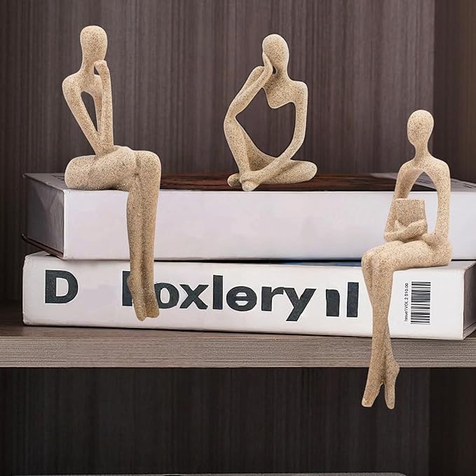 Gold Home Decor Thinker Statue Accents, Set of 3 Thinker Sculptures Office Decor Modern Abstract Resin Decoration on Shelf Table Desk for Living Room Office Bedroom (Large Sandstone)