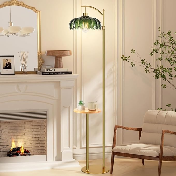 Glass Floor Lamp with Table and Shelves for Living Room Bedroom,Gold Standing Lamp with Remote Dimmable,Boho Brass Tall Lamp Vintage Farmhouse Arc Green Flower Floor Light Bohemian