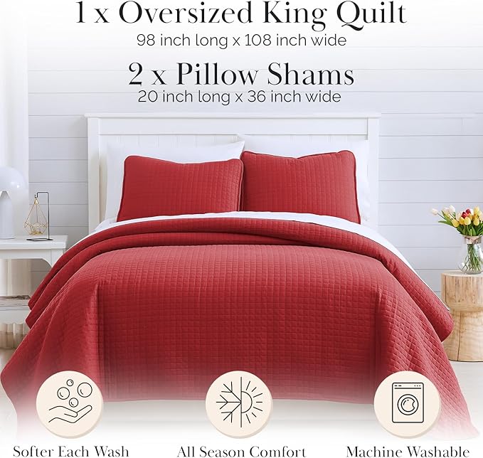 Southshore Fine Living, Inc. Red Quilt King Size Set with 2 Pillow Shams, Soft Microfiber Bedspread, Stain & Pet Hair Resistant Bedding, Cal/King Quilt Set with 2 Pillow Shams, Chili Pepper Red