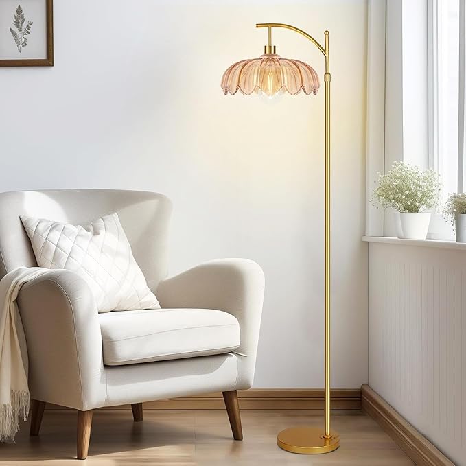 Arc Floor Lamp with 3 Color Temperatures,Gold Floor Lamp with Remote & 3 Color Temperature,Mid Century Modern Standing Lamp with Glass Lampshades,Vintage Tall Floor Lamps for Living Room Bedroom