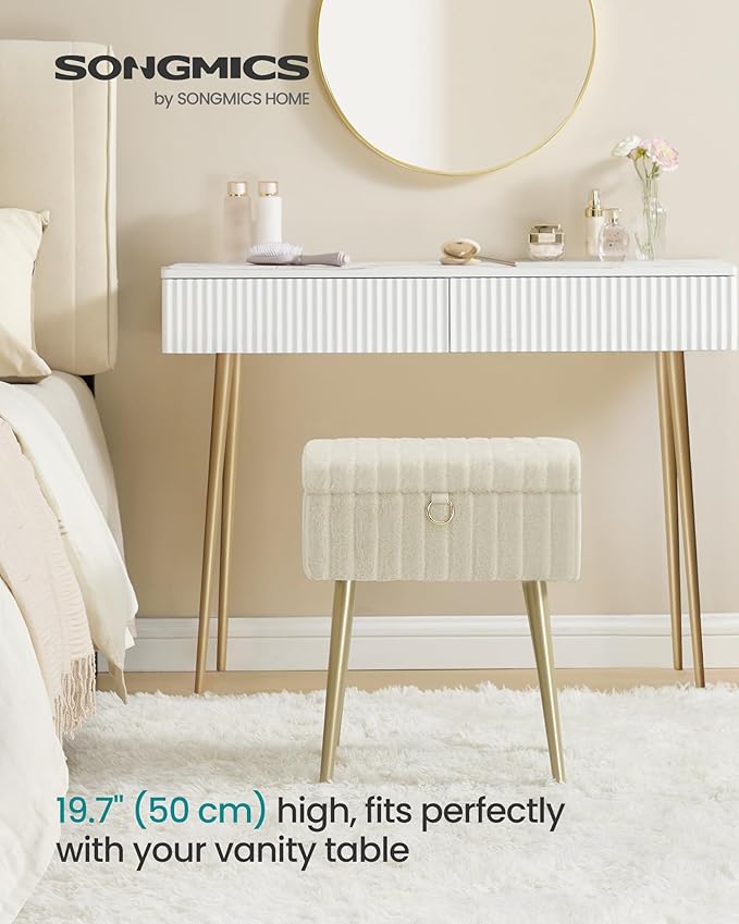 SONGMICS Vanity Stool Chair with Storage, Makeup Stool, Footrest Footstool Ottoman+H6:H29, Metal Legs, Adjustable Feet, for Living Room, Bedroom, Makeup Room, Cappuccino Beige ULOM505LZ02