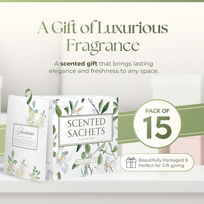 15 Pack Jasmine Sachets for Drawers and Closets, Scented Sachets for Drawers, Closet Freshener Sachet for Drawers to Refresh Any Space, Jasmine Sachet Bags, Scented Drawer Fresheners for Dresser